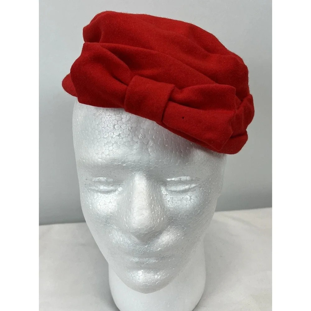 Vintage Wool Pillbox Hat Bow Made By Joyce GUC Red Lined